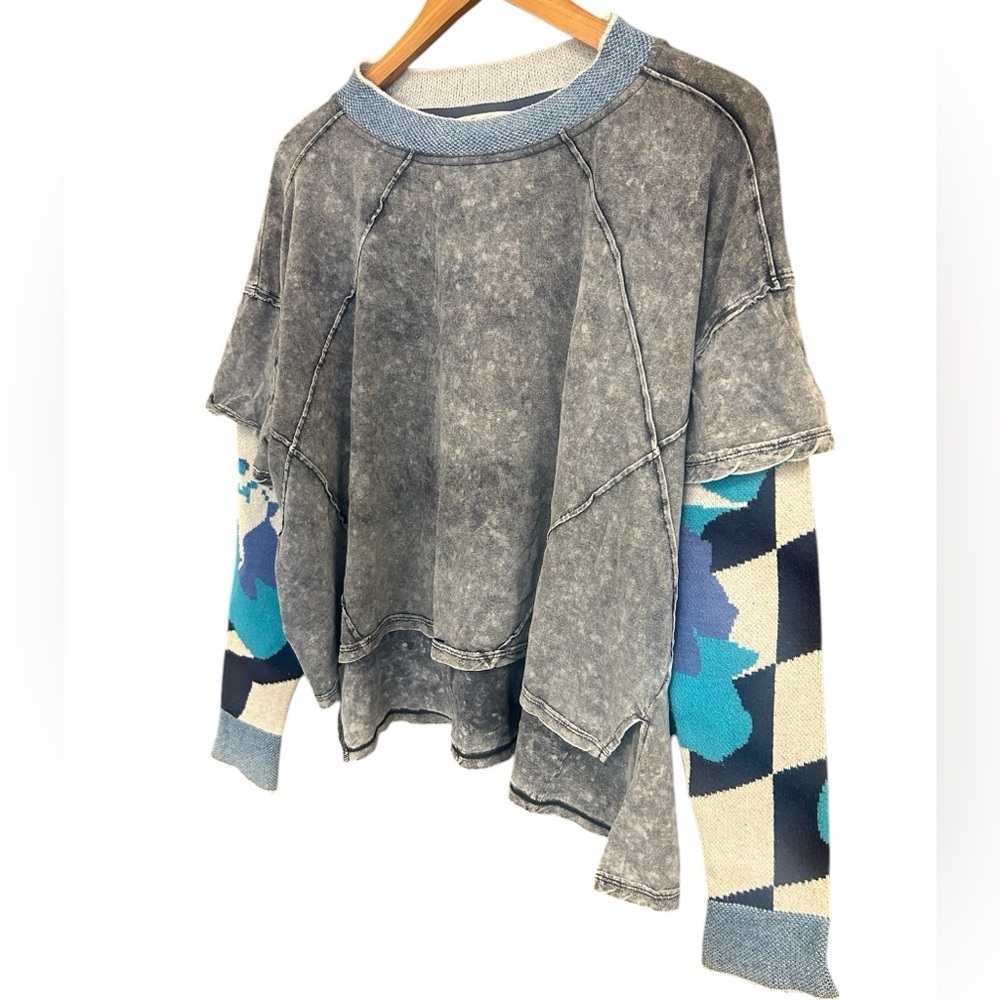 We The Free Gray and Blue Patchwork Top